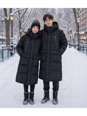 Black Yak Unisex Long Down Coat Medium Winter Puffer Hooded Korean